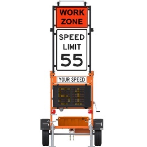 A trailer-mounted sign showing the work zone speed limit and the driver's current speed.