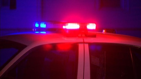 The lit light bar of a police vehicle at night.