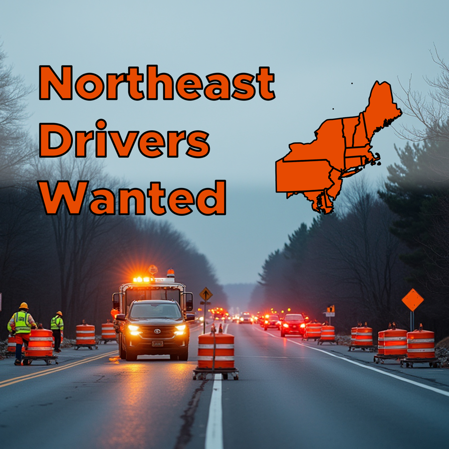 The project's Facebook recruitment ad: the words 'Northeast Drivers Wanted' over a photo of a highway work zone at dusk, with a map of the nine Northeast states.